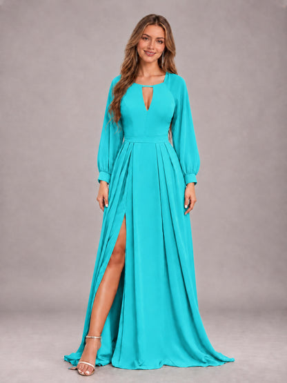 Turquoise Trendy Halter Long Sleeves Slit Floor Length Chiffon Bridesmaid Dress