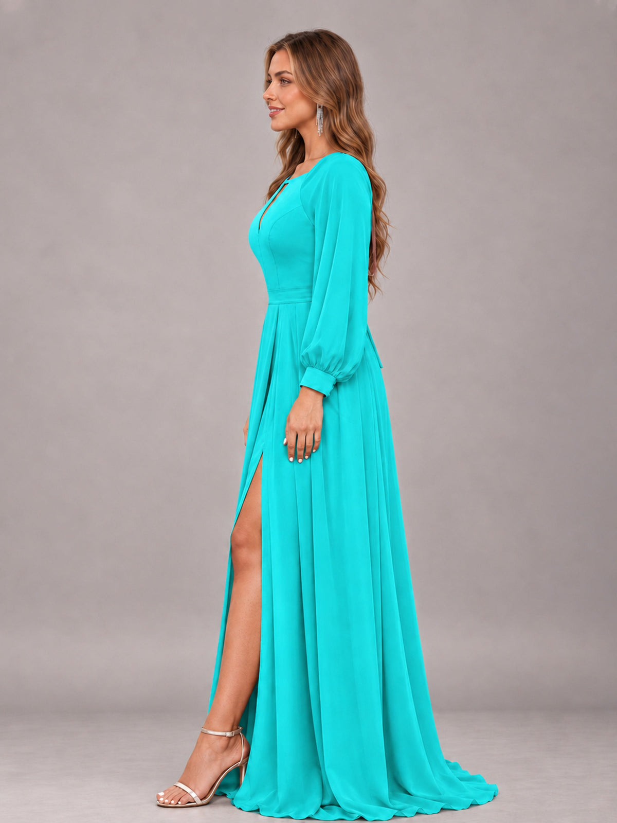 Turquoise Trendy Halter Long Sleeves Slit Floor Length Chiffon Bridesmaid Dress