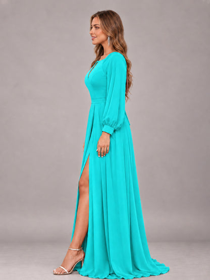Turquoise Trendy Halter Long Sleeves Slit Floor Length Chiffon Bridesmaid Dress