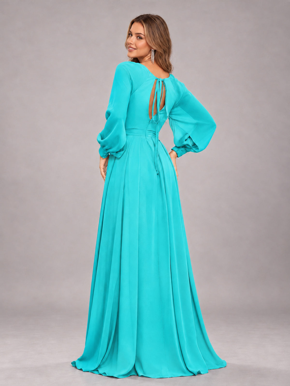 Turquoise Trendy Halter Long Sleeves Slit Floor Length Chiffon Bridesmaid Dress