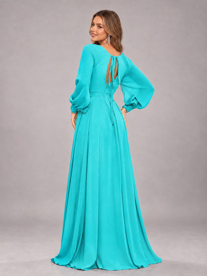 Turquoise Trendy Halter Long Sleeves Slit Floor Length Chiffon Bridesmaid Dress