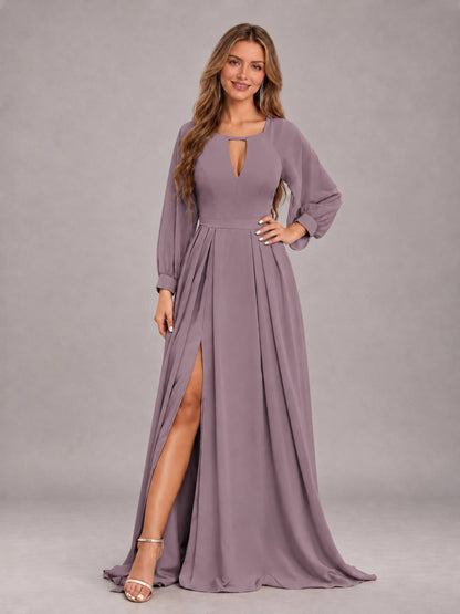 Wisteria Trendy Halter Long Sleeves Slit Floor Length Chiffon Bridesmaid Dress
