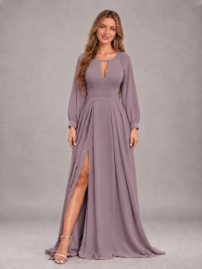 Wisteria Trendy Halter Long Sleeves Slit Floor Length Chiffon Bridesmaid Dress