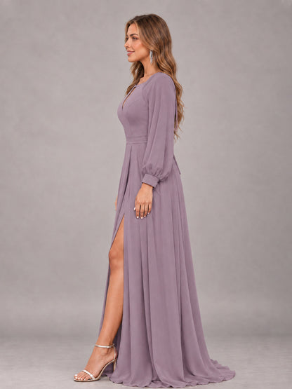 Wisteria Trendy Halter Long Sleeves Slit Floor Length Chiffon Bridesmaid Dress