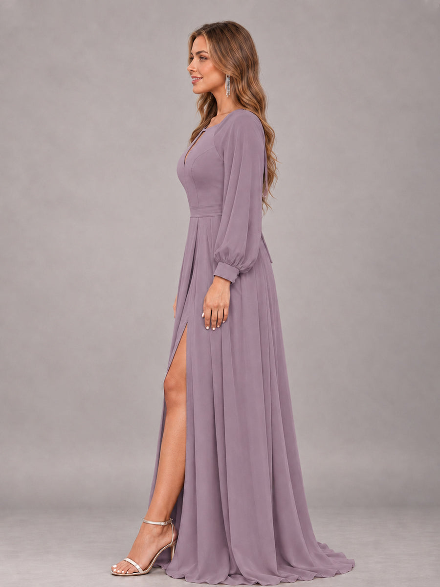 Wisteria Trendy Halter Long Sleeves Slit Floor Length Chiffon Bridesmaid Dress