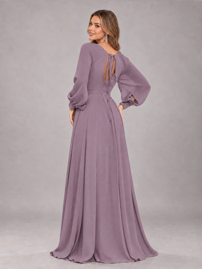 Wisteria Trendy Halter Long Sleeves Slit Floor Length Chiffon Bridesmaid Dress