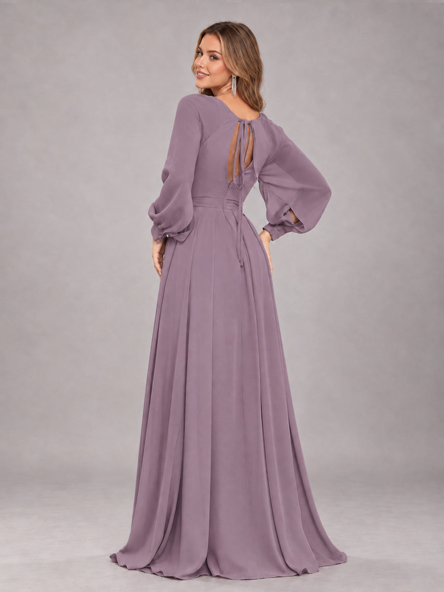 Wisteria Trendy Halter Long Sleeves Slit Floor Length Chiffon Bridesmaid Dress