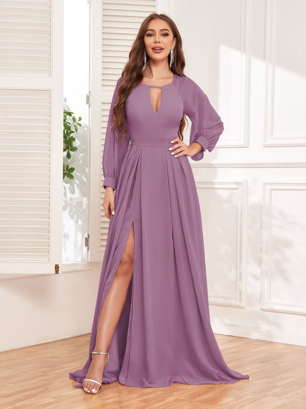 Dusty Purple Trendy Halter Long Sleeves Slit Floor Length Chiffon Bridesmaid Dresses