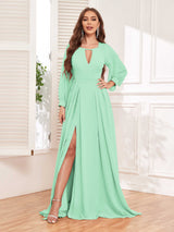 Trendy Halter Long Sleeves Slit Floor Length Chiffon Bridesmaid Dresses
