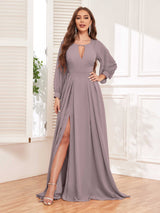Trendy Halter Long Sleeves Slit Floor Length Chiffon Bridesmaid Dresses