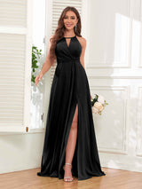 Trendy Halter Neck Bow Back Chiffon Bridesmaid Dresses with Slit