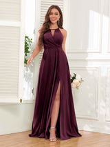 Trendy Halter Neck Bow Back Chiffon Bridesmaid Dresses with Slit