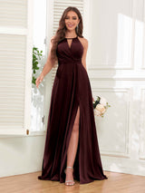 Trendy Halter Neck Bow Back Chiffon Bridesmaid Dresses with Slit