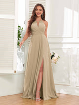 Trendy Halter Neck Bow Back Chiffon Bridesmaid Dresses with Slit
