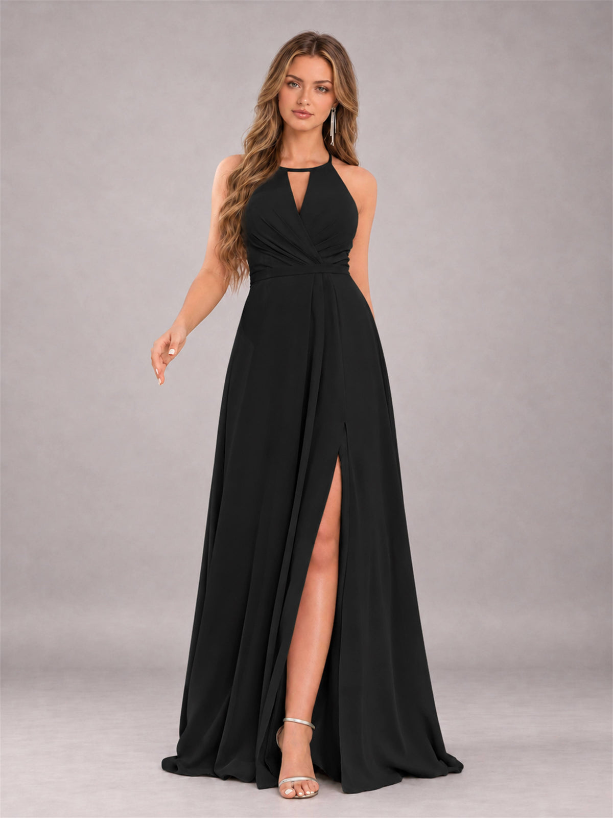Black Trendy Halter Neck Bow Back Chiffon Bridesmaid Dress with Slit