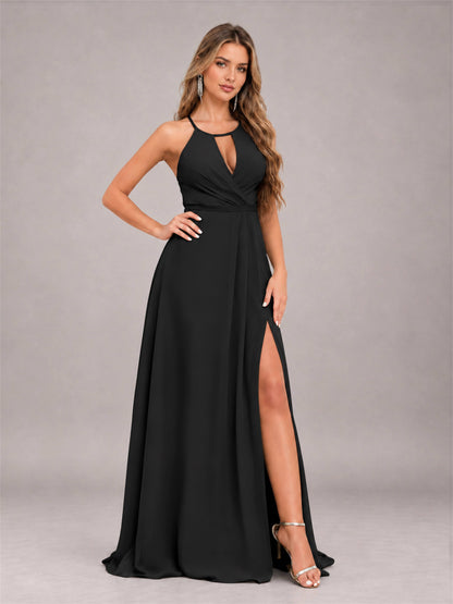 Black Trendy Halter Neck Bow Back Chiffon Bridesmaid Dress with Slit