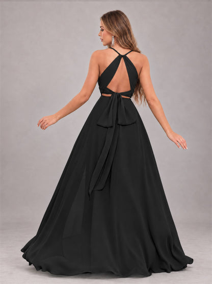 Black Trendy Halter Neck Bow Back Chiffon Bridesmaid Dress with Slit