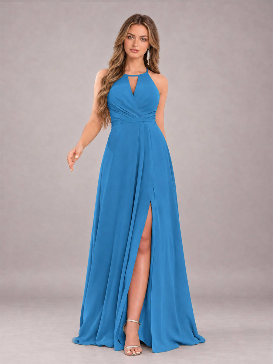 Blue Trendy Halter Neck Bow Back Chiffon Bridesmaid Dress with Slit