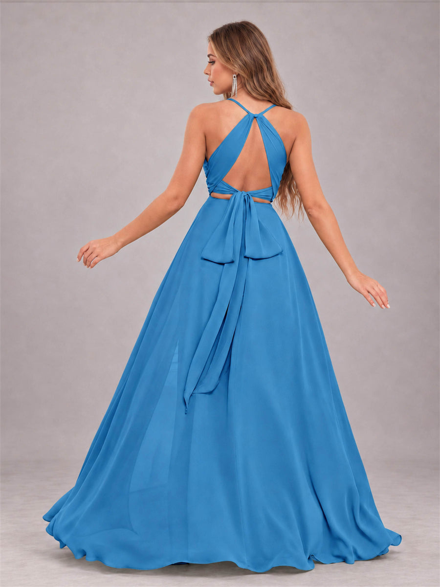 Blue Trendy Halter Neck Bow Back Chiffon Bridesmaid Dress with Slit