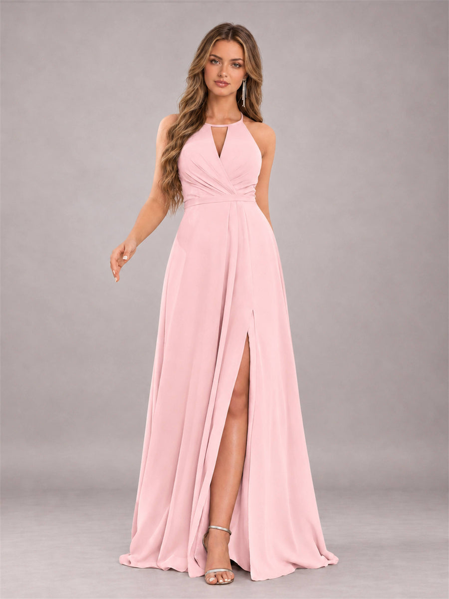 Blush Pink Trendy Halter Neck Bow Back Chiffon Bridesmaid Dress with Slit
