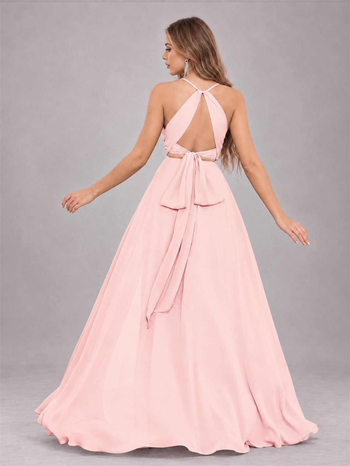 Blush Pink Trendy Halter Neck Bow Back Chiffon Bridesmaid Dress with Slit