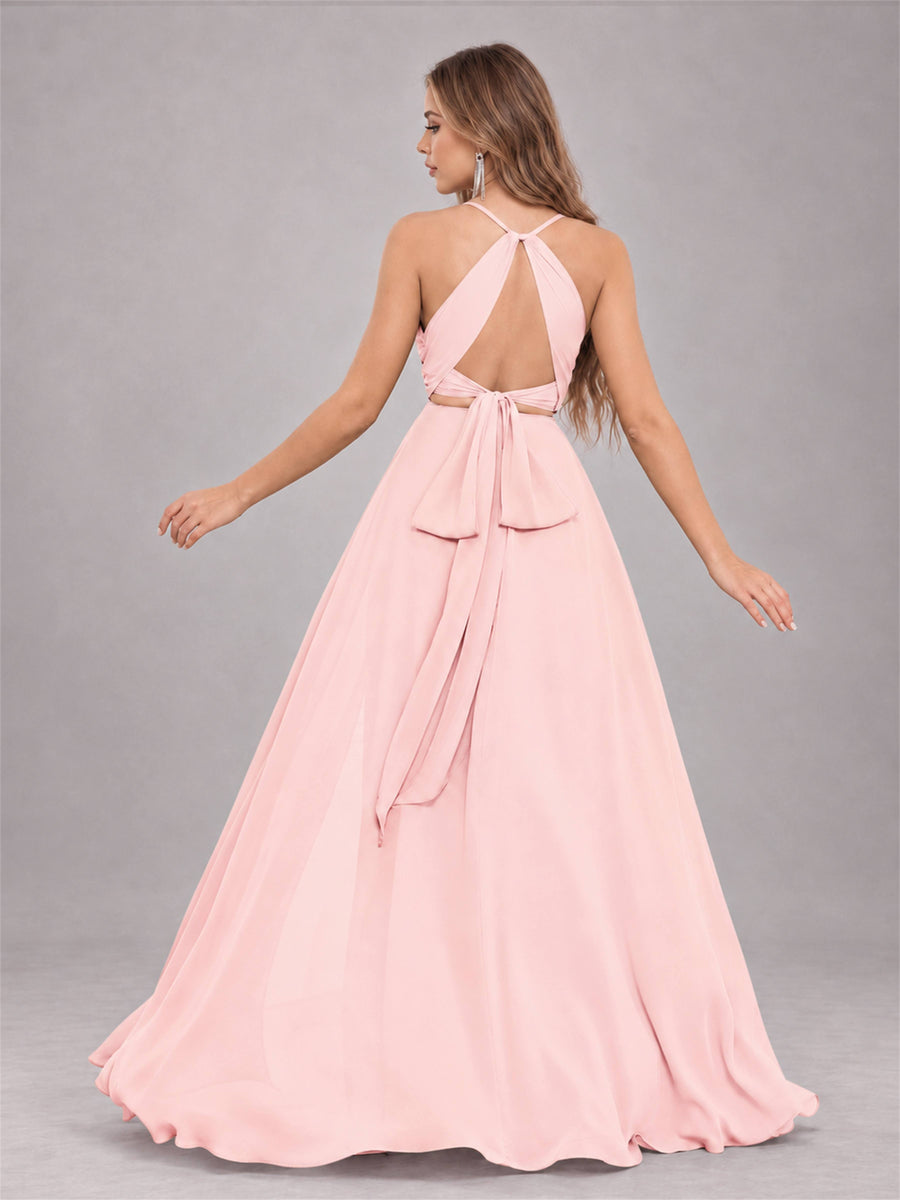 Blush Pink Trendy Halter Neck Bow Back Chiffon Bridesmaid Dress with Slit