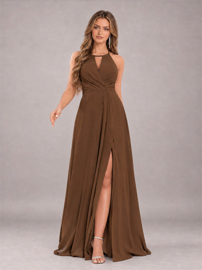 Brown Trendy Halter Neck Bow Back Chiffon Bridesmaid Dress with Slit