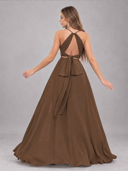 Brown Trendy Halter Neck Bow Back Chiffon Bridesmaid Dress with Slit