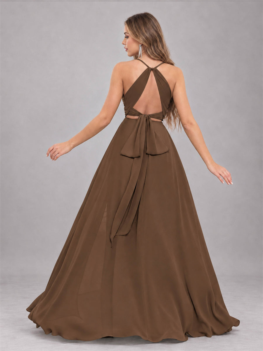 Brown Trendy Halter Neck Bow Back Chiffon Bridesmaid Dress with Slit
