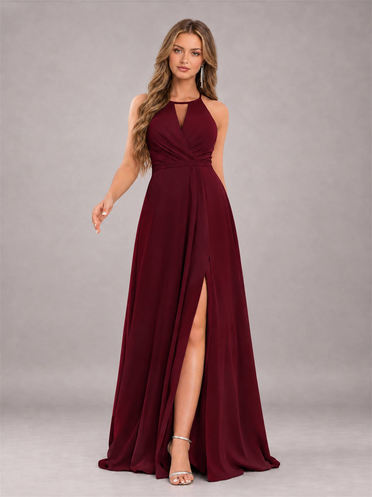 Burgundy Trendy Halter Neck Bow Back Chiffon Bridesmaid Dress with Slit