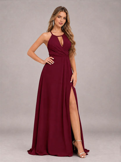 Burgundy Trendy Halter Neck Bow Back Chiffon Bridesmaid Dress with Slit