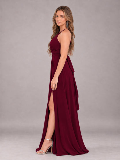 Burgundy Trendy Halter Neck Bow Back Chiffon Bridesmaid Dress with Slit