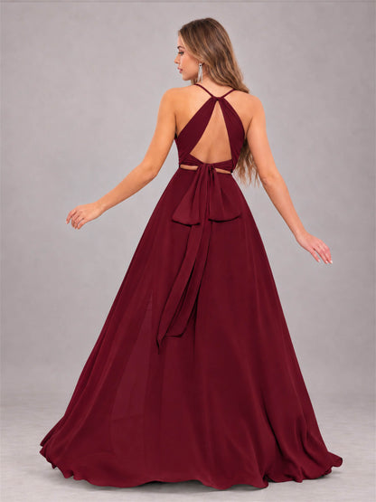 Burgundy Trendy Halter Neck Bow Back Chiffon Bridesmaid Dress with Slit