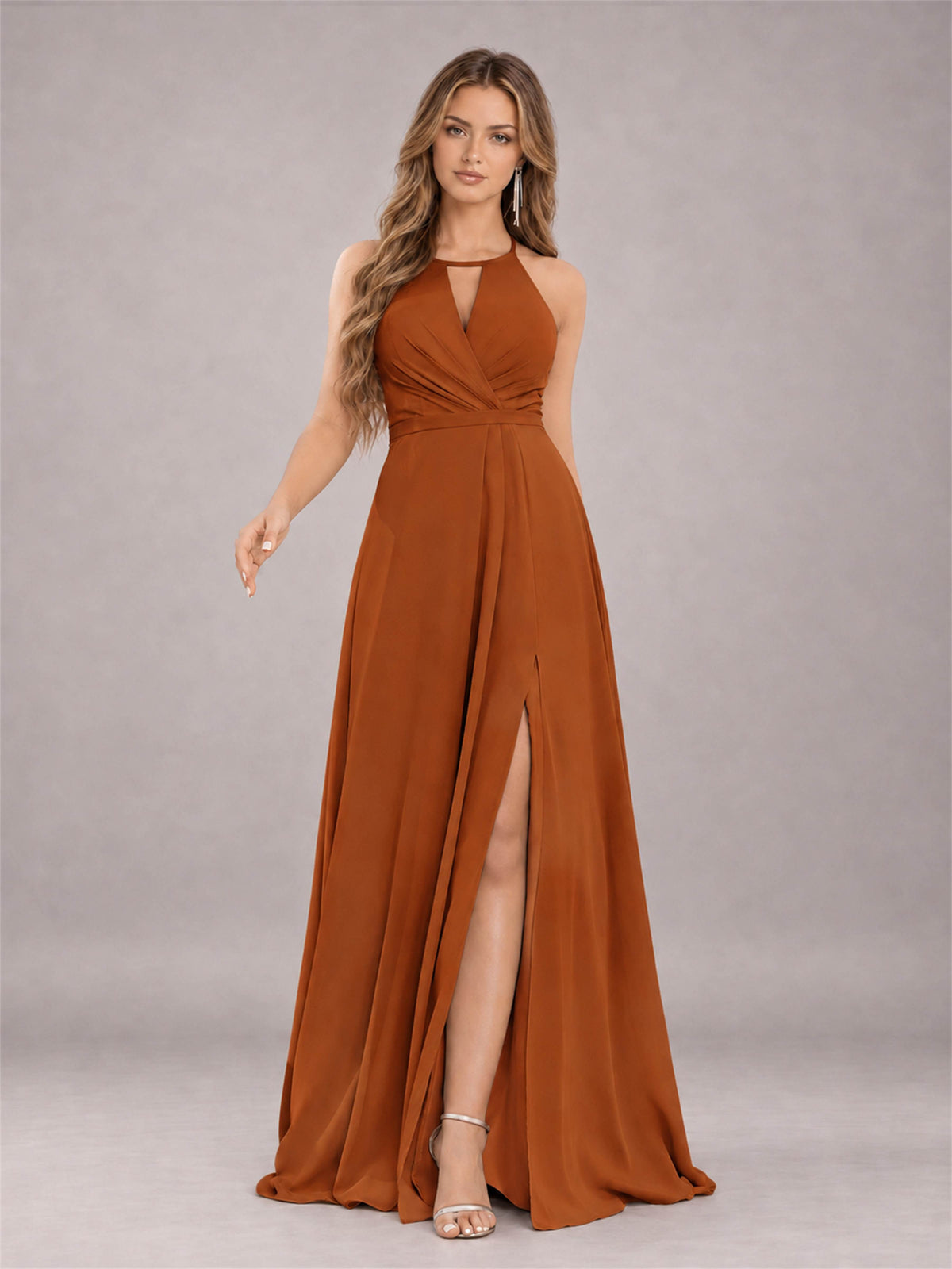 Burnt Orange Trendy Halter Neck Bow Back Chiffon Bridesmaid Dress with Slit