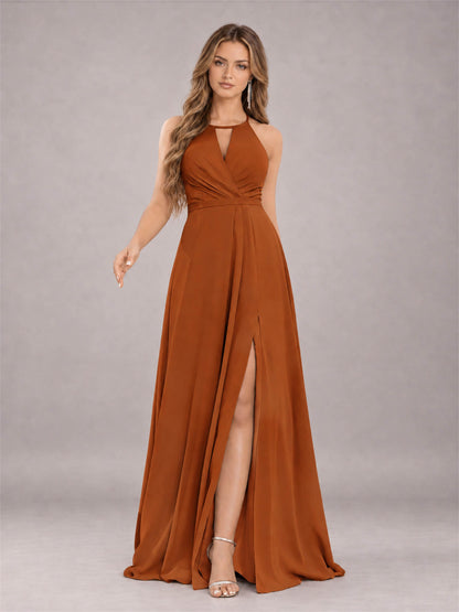 Burnt Orange Trendy Halter Neck Bow Back Chiffon Bridesmaid Dress with Slit