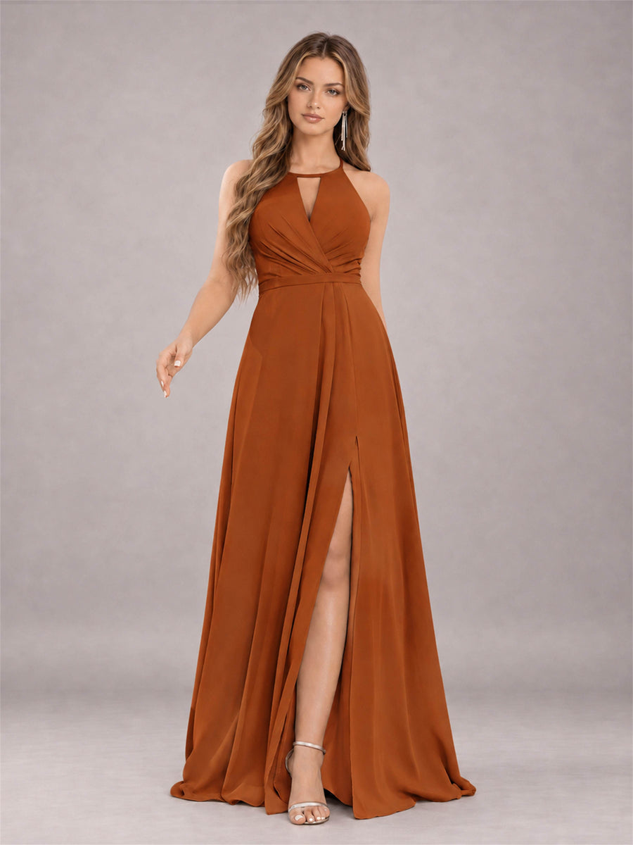Burnt Orange Trendy Halter Neck Bow Back Chiffon Bridesmaid Dress with Slit