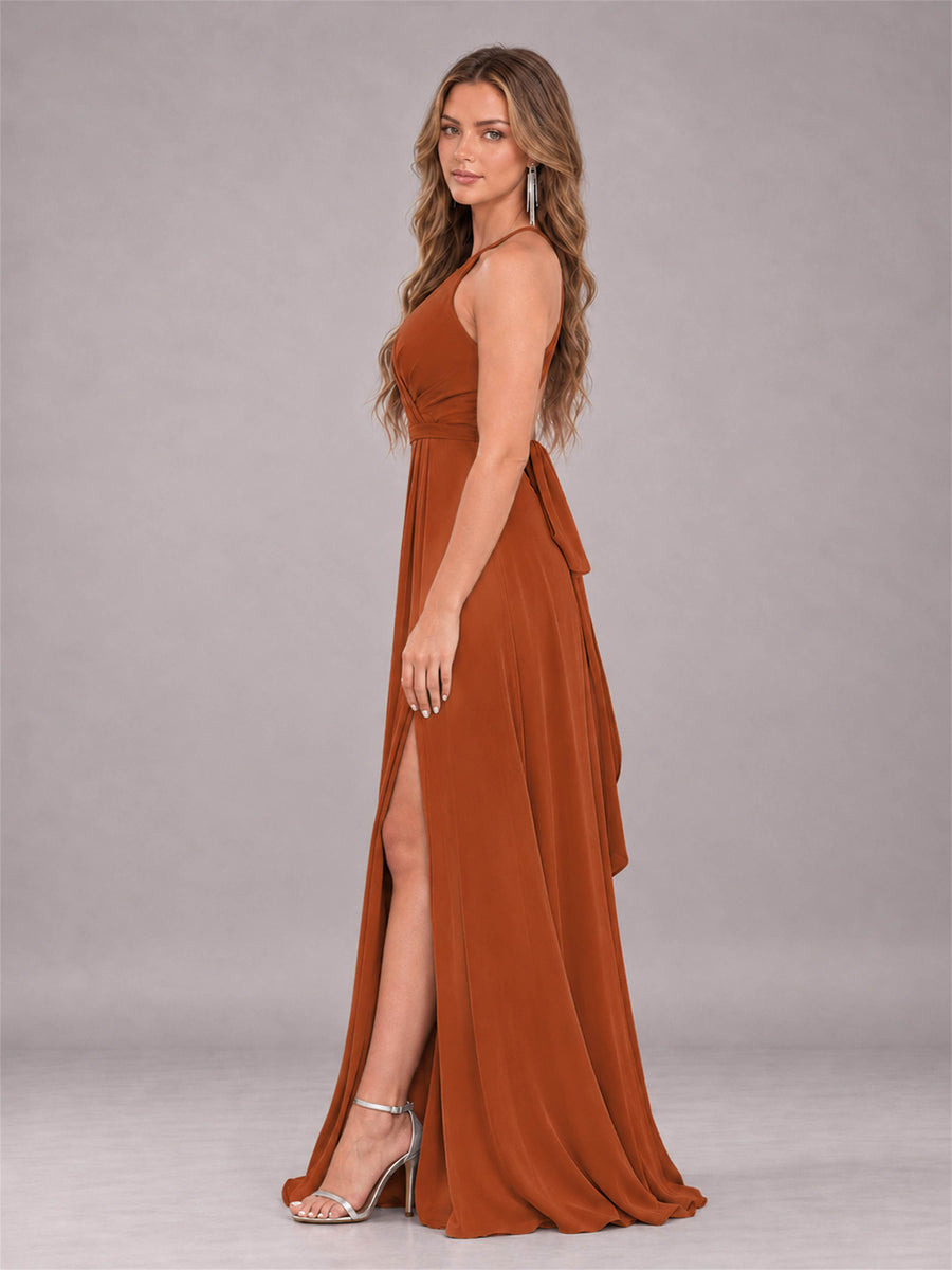Burnt Orange Trendy Halter Neck Bow Back Chiffon Bridesmaid Dress with Slit