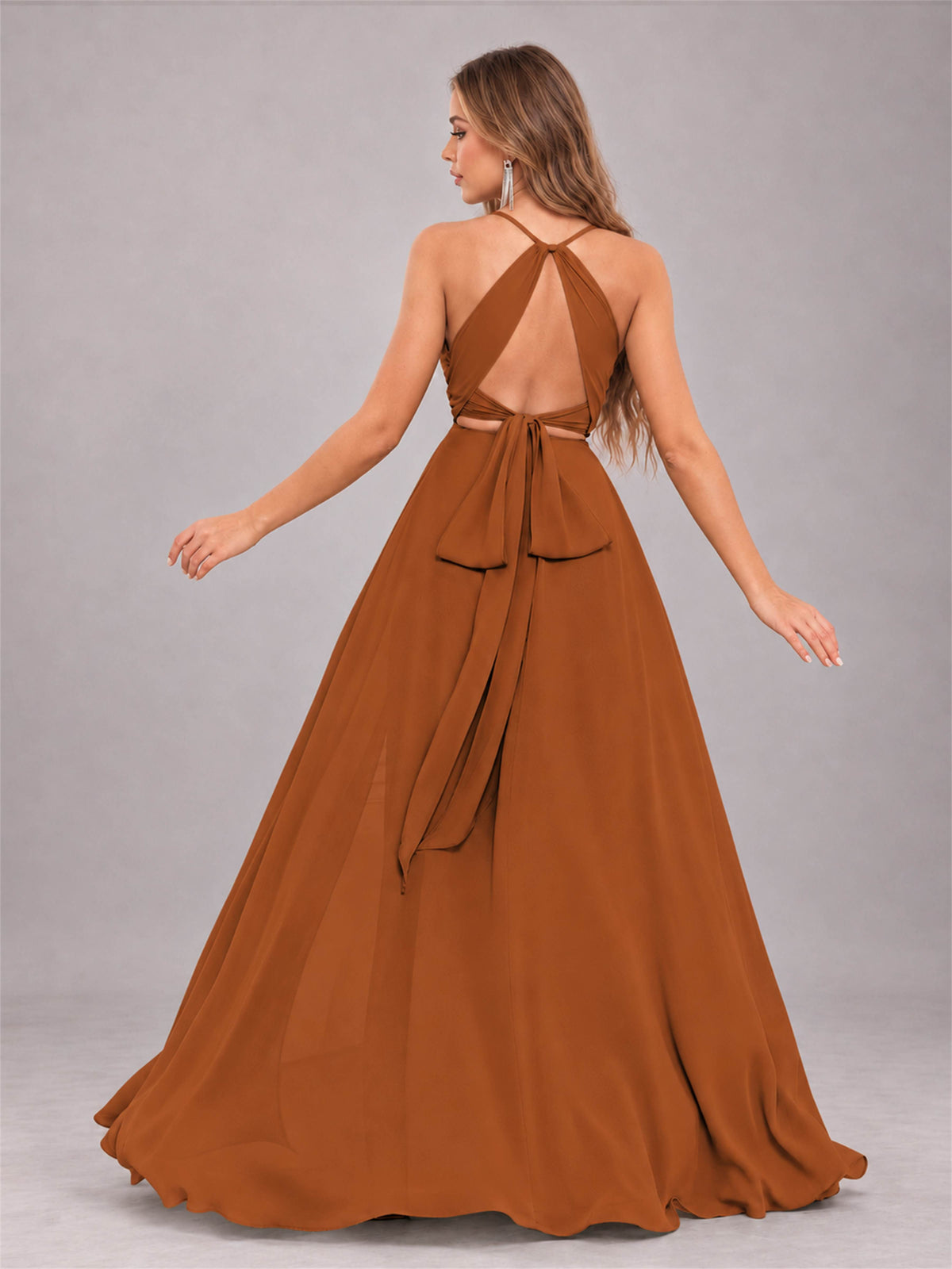 Burnt Orange Trendy Halter Neck Bow Back Chiffon Bridesmaid Dress with Slit