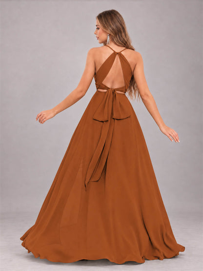 Burnt Orange Trendy Halter Neck Bow Back Chiffon Bridesmaid Dress with Slit