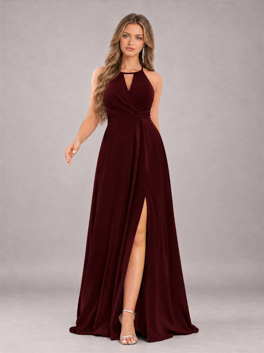 Cabernet Trendy Halter Neck Bow Back Chiffon Bridesmaid Dress with Slit