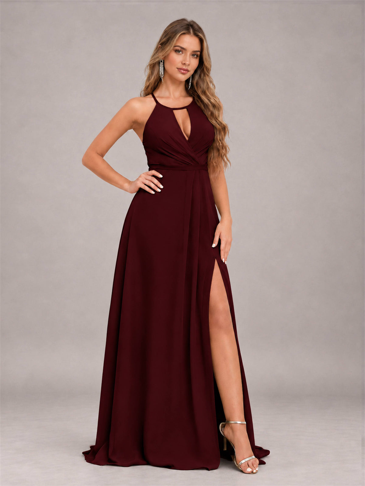 Cabernet Trendy Halter Neck Bow Back Chiffon Bridesmaid Dress with Slit
