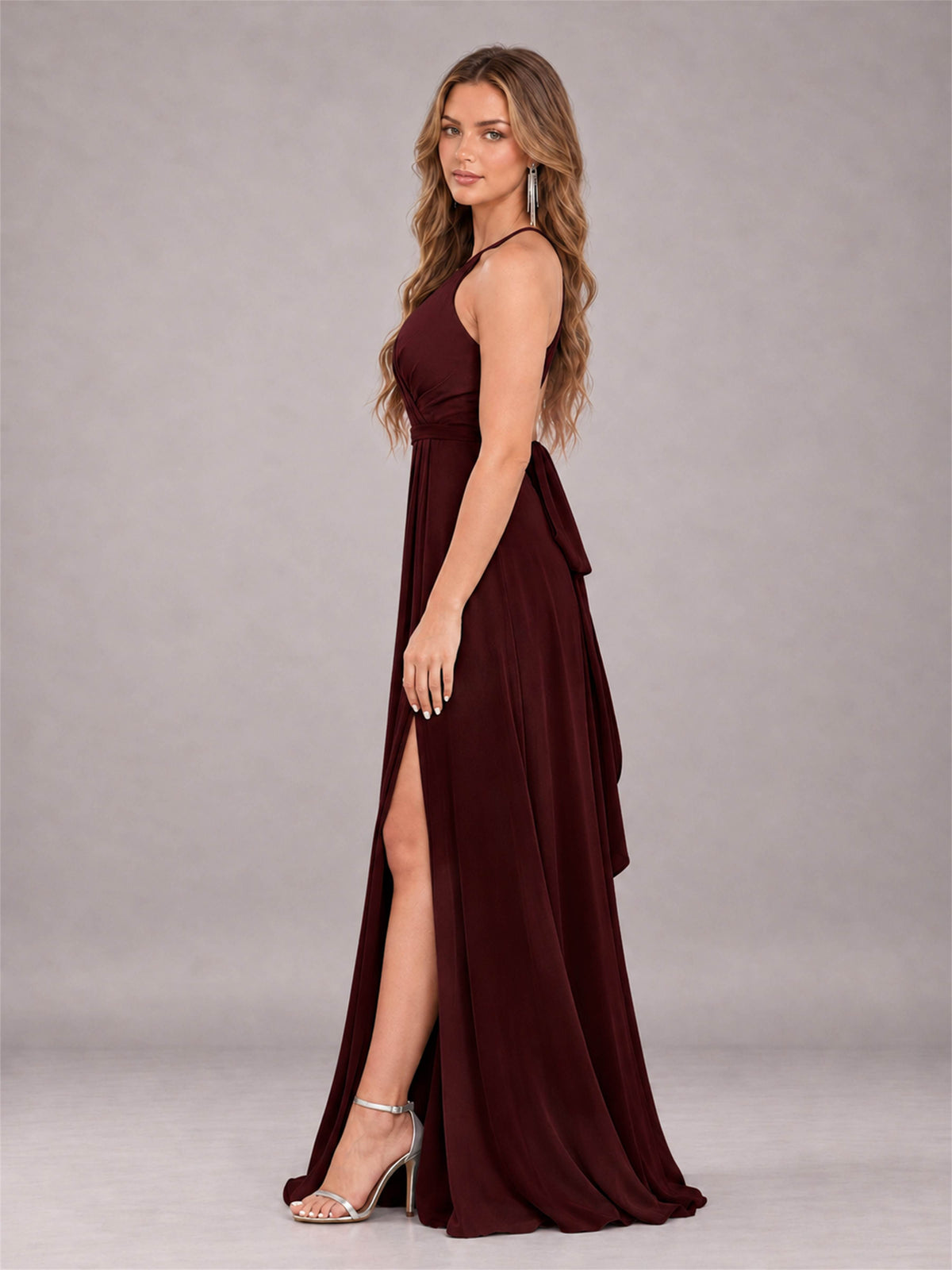Cabernet Trendy Halter Neck Bow Back Chiffon Bridesmaid Dress with Slit