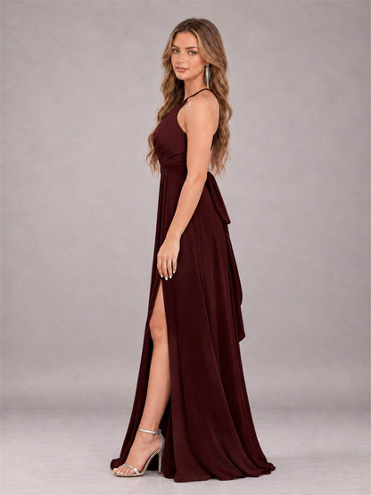 Cabernet Trendy Halter Neck Bow Back Chiffon Bridesmaid Dress with Slit