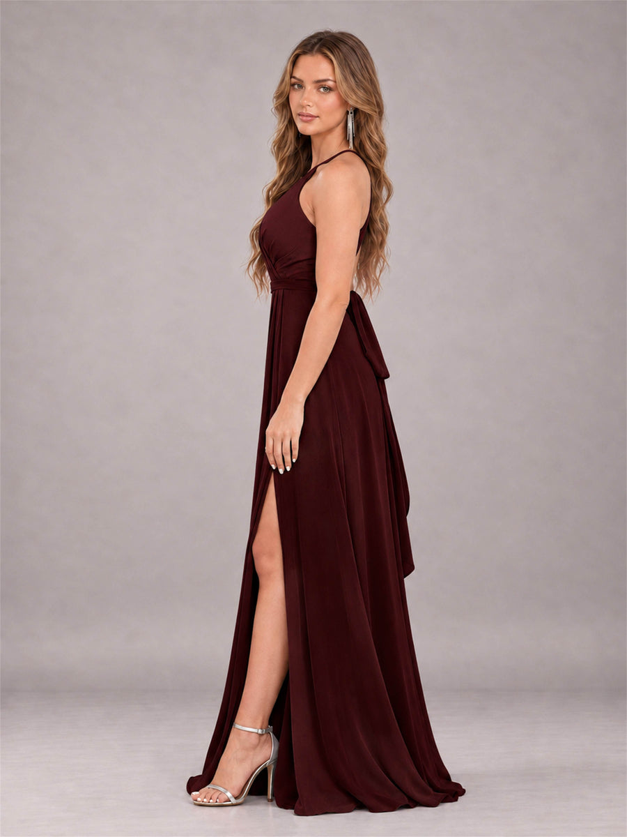 Cabernet Trendy Halter Neck Bow Back Chiffon Bridesmaid Dress with Slit