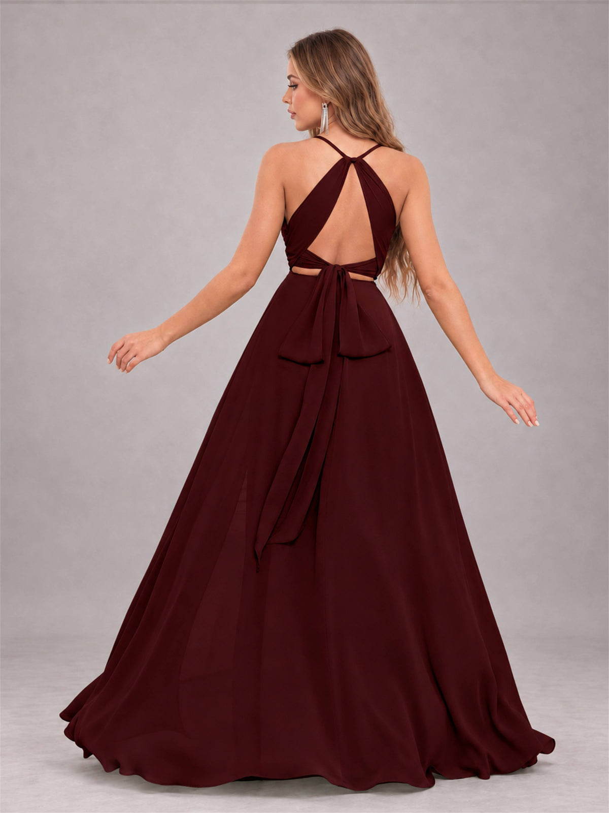 Cabernet Trendy Halter Neck Bow Back Chiffon Bridesmaid Dress with Slit