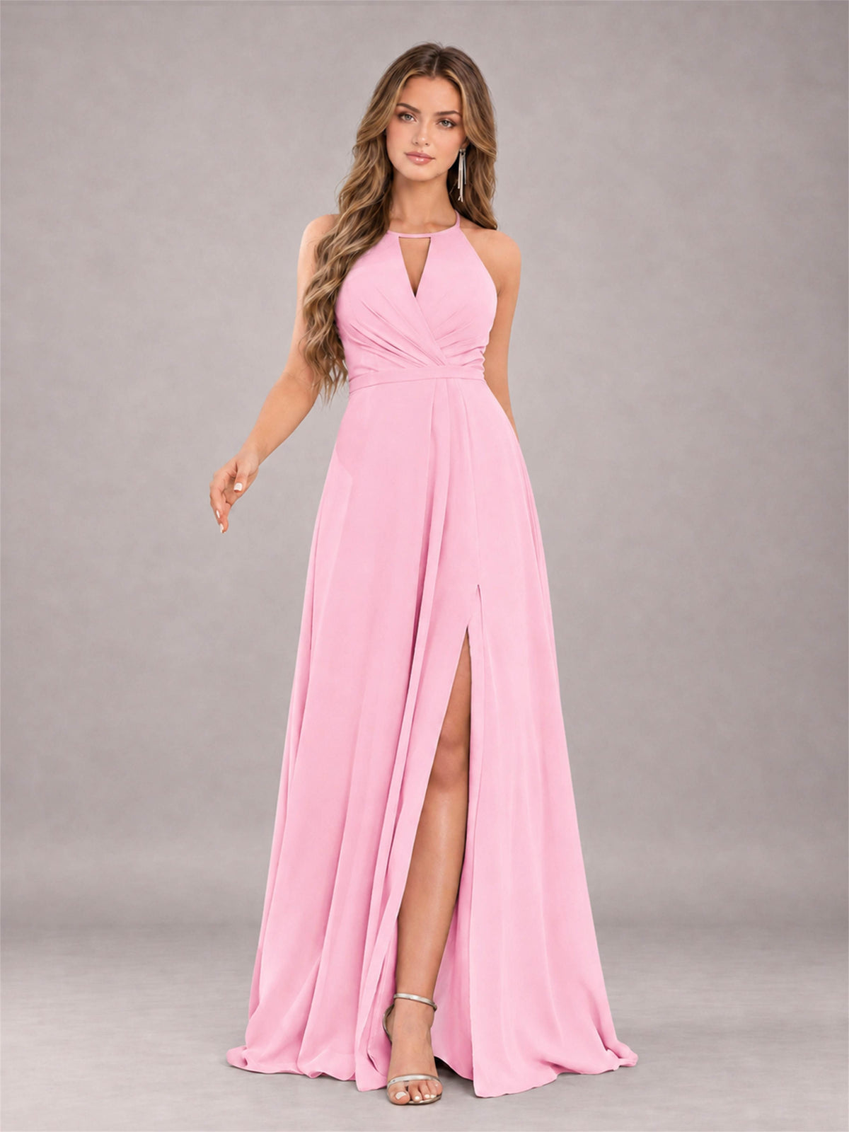 Candy Pink Trendy Halter Neck Bow Back Chiffon Bridesmaid Dress with Slit