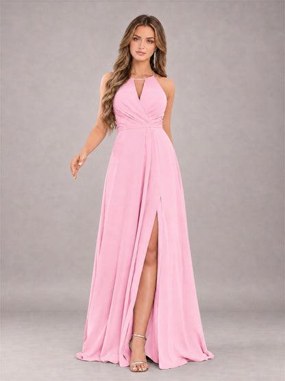 Candy Pink Trendy Halter Neck Bow Back Chiffon Bridesmaid Dress with Slit