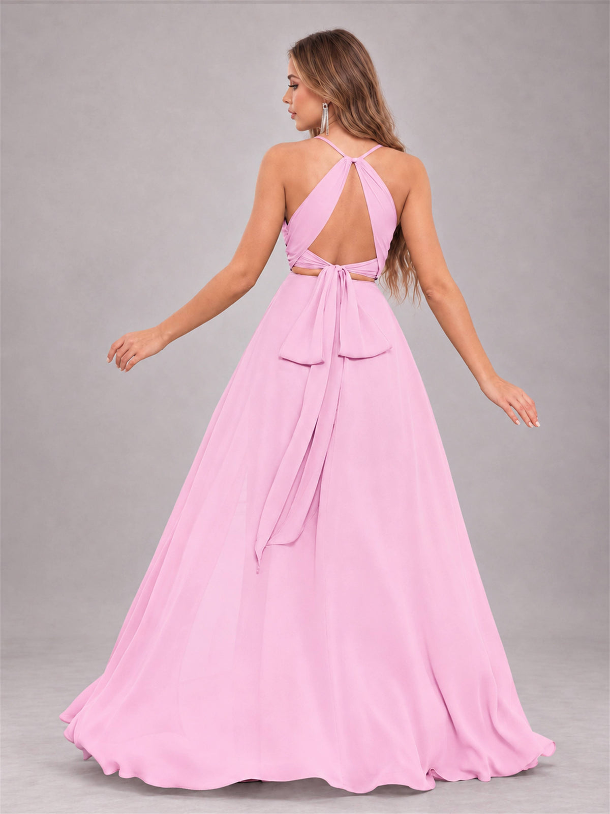 Candy Pink Trendy Halter Neck Bow Back Chiffon Bridesmaid Dress with Slit