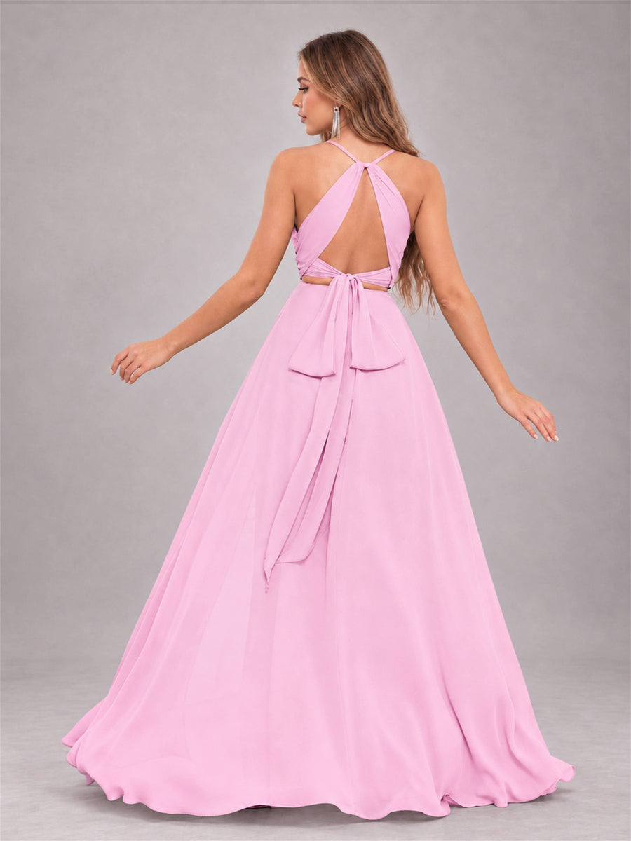 Candy Pink Trendy Halter Neck Bow Back Chiffon Bridesmaid Dress with Slit