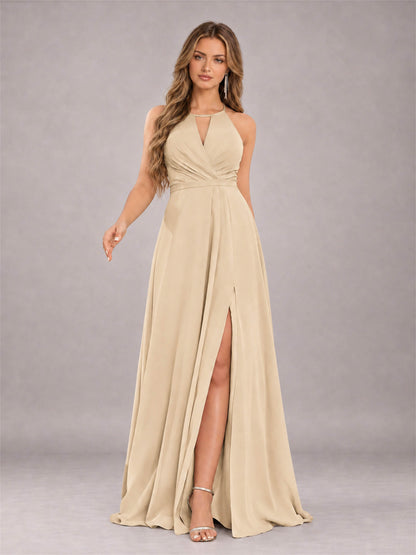 Champagne Trendy Halter Neck Bow Back Chiffon Bridesmaid Dress with Slit